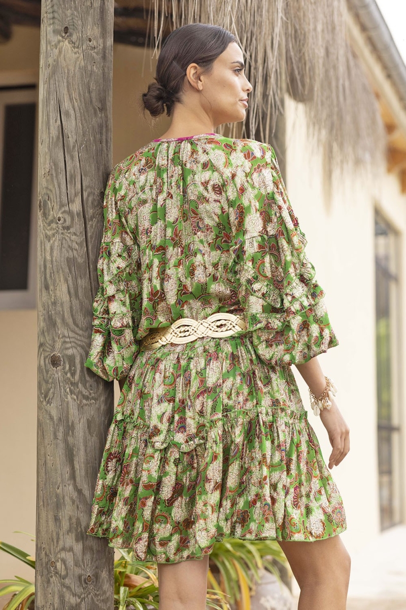 Vestido corto YUMI - floral verde - estampado brillante lurex - manga larga - Miss June Paris - 5