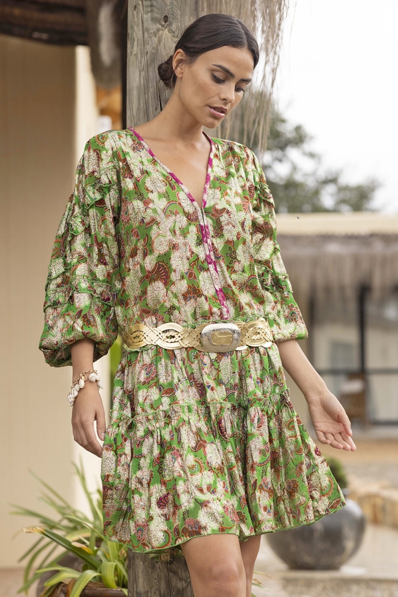 Vestido curto YUMI - floral verde - estampa brilhante lurex - manga longa - Miss June Paris - 1