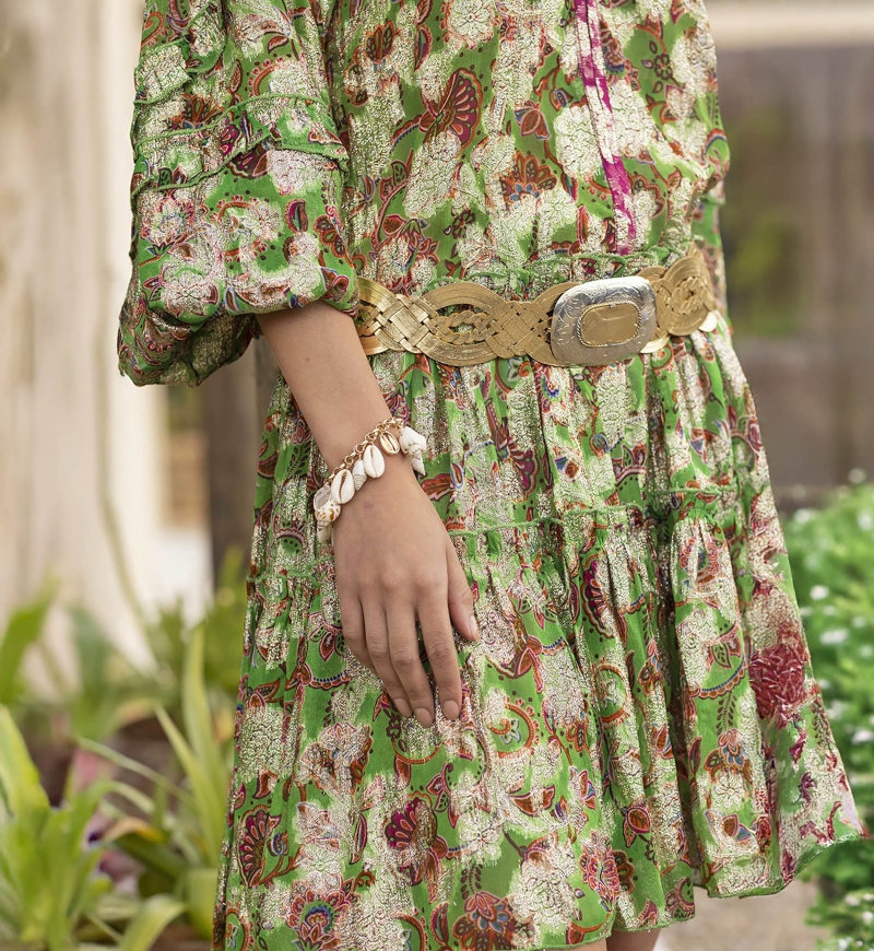 Vestido corto YUMI - floral verde - estampado brillante lurex - manga larga - Miss June Paris - 4