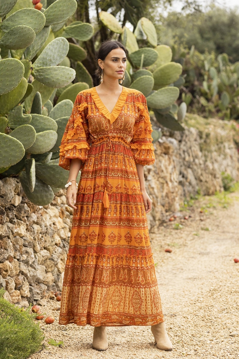 Safran Long Dress - Orange - Golden Details - Long Sleeves - V-Neckline - Boho - Miss June Paris - 1