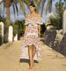Rayan Long Dress - Colorful Floral Print - Off-Shoulder - White Embroidery - Boho - Miss June Paris - 1