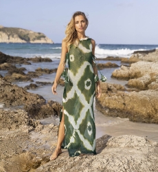 Vestido Longo Goya - Cáqui - Vestido de Crochê - Peitoral Decorado - Lantejoulas Douradas - Gola Redonda - Miss June Paris - 1