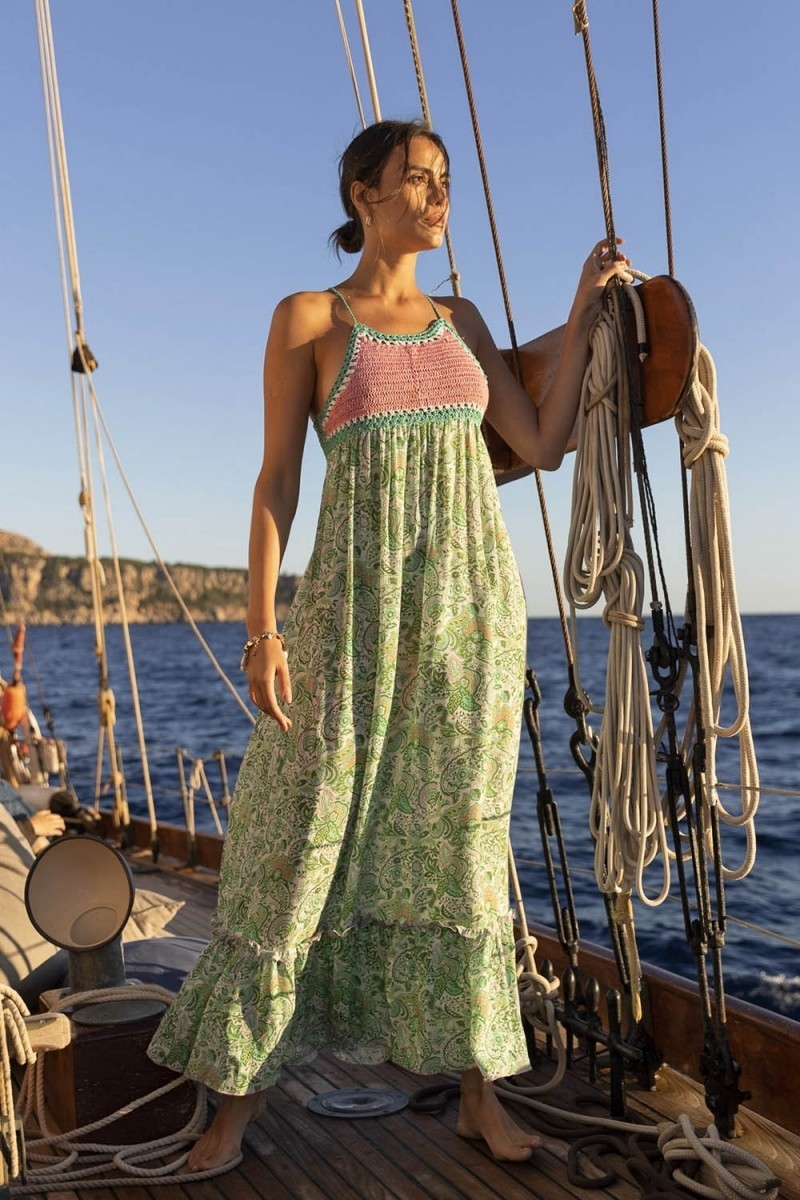 Vestido Longo Sorbet - Verde - Top de Crochê Rosa - Alças Finas - Estampa Floral - Boho - Miss June Paris - 2