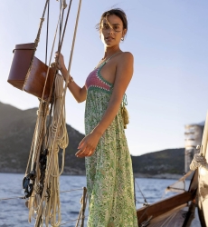 Vestido Largo Sorbet - Verde - Top de Ganchillo Rosa - Tirantes Finos - Estampado Floral - Boho - Miss June Paris - 2