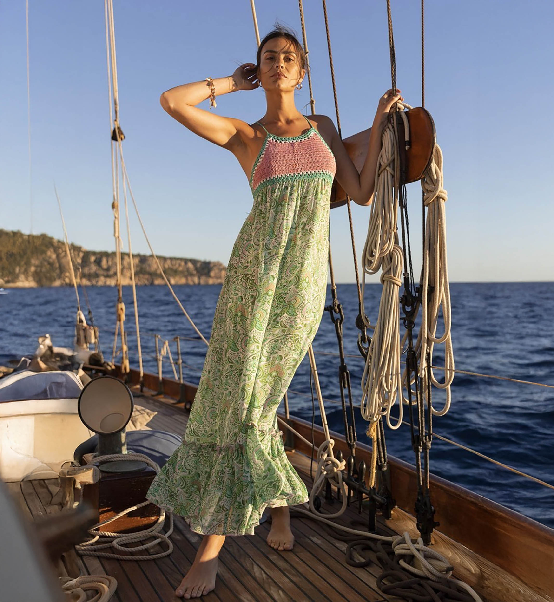Vestido Largo Sorbet - Verde - Top de Ganchillo Rosa - Tirantes Finos - Estampado Floral - Boho - Miss June Paris - 1