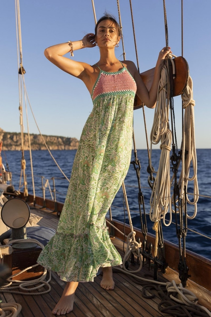 Sorbet Long Dress - Green - Pink Crochet Top - Thin Straps - Floral Print - Boho - Miss June Paris - 1
