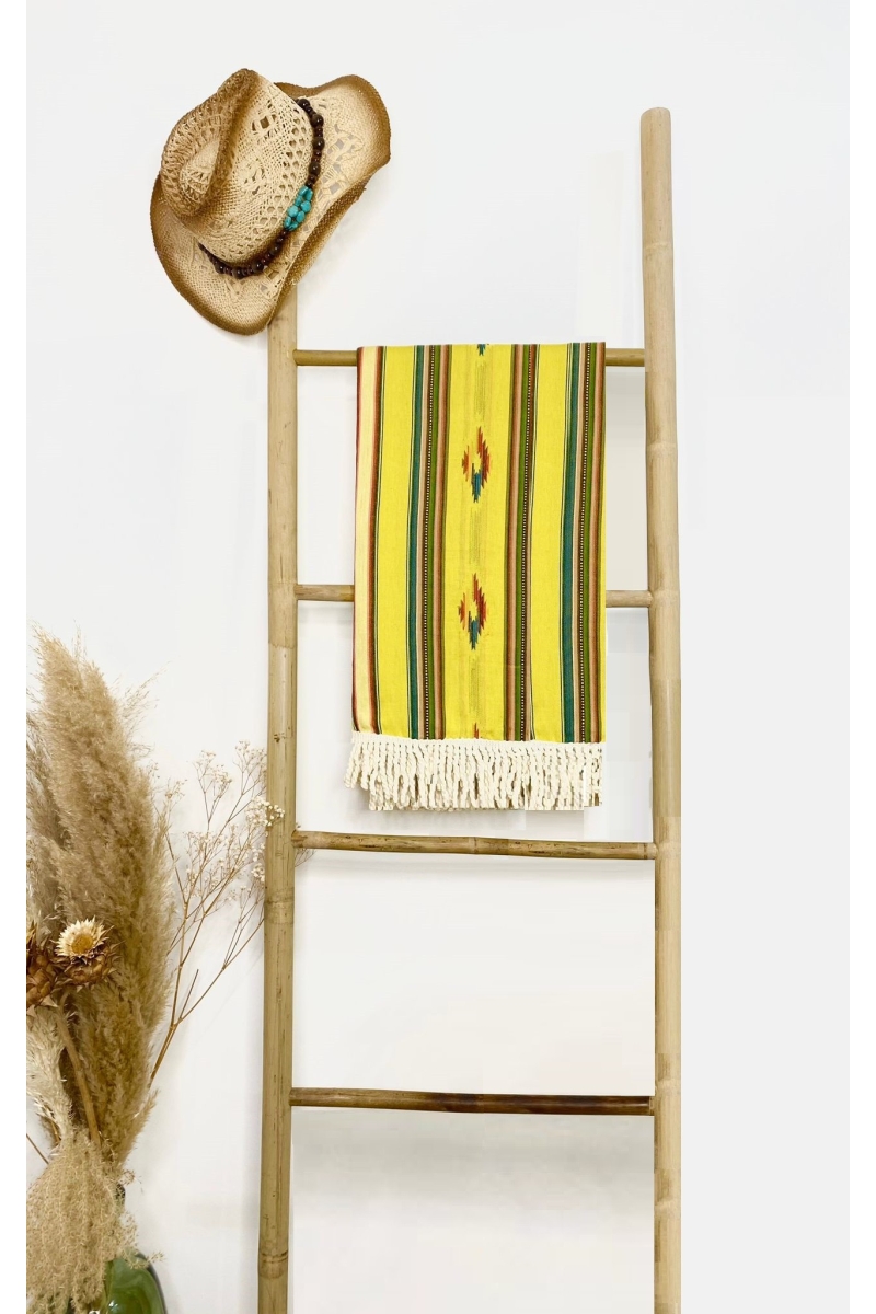Fouta de Praia Seychelles – verde/amarelo/castanho – estilo boêmio – com franjas – Miss June Paris – 2