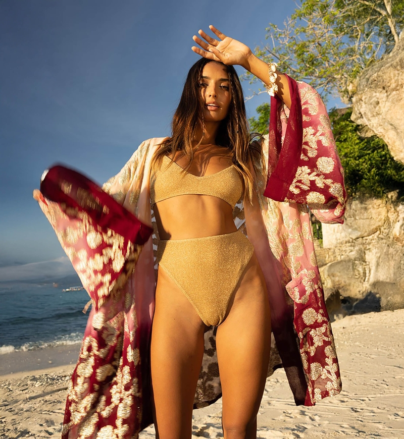 Short Kimono Leny – peach/burgundy – golden details – lurex – bohemian – Miss June Paris – 2