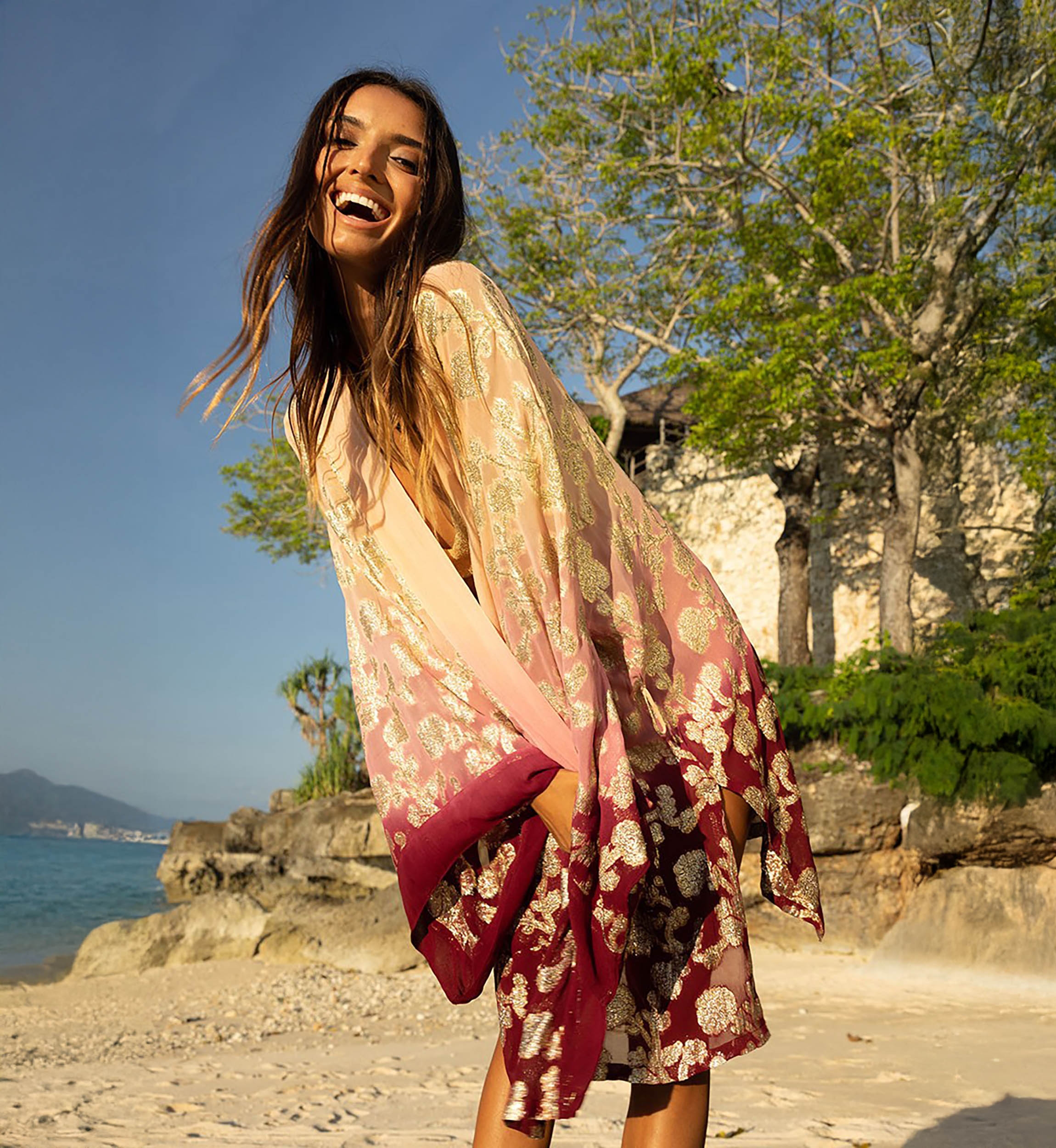 Short Kimono Leny – peach/burgundy – golden details – lurex – bohemian – Miss June Paris – 1