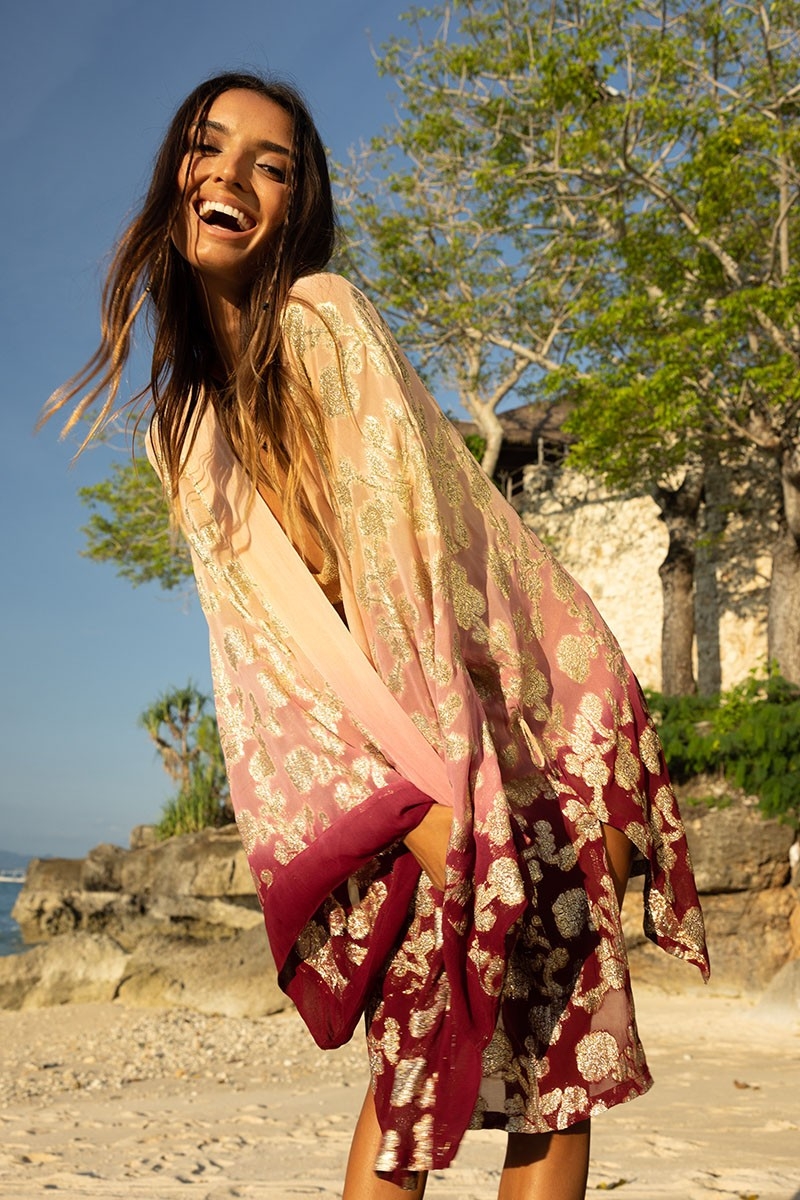 Kimono Corto Leny – melocotón/burdeos – detalles dorados – lurex – bohemio – Miss June Paris – 1