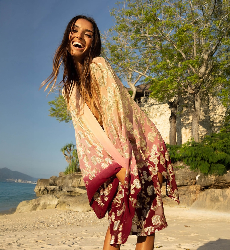 Short Kimono Leny – peach/burgundy – golden details – lurex – bohemian – Miss June Paris – 1