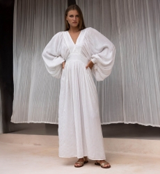 Vestido Largo Angie – blanco – mangas largas – escote en V – bohemio – cinturón ajustable – Miss June Paris – 2