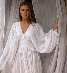 Long Dress Angie – white – long sleeves – V-neck – bohemian – adjustable belt – Miss June Paris – 4