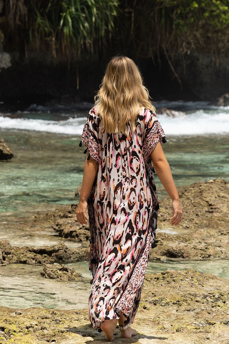 Kaftan Longo Roberta - multicolorido - mangas curtas - decote em V - estilo boho - Miss June Paris - 4