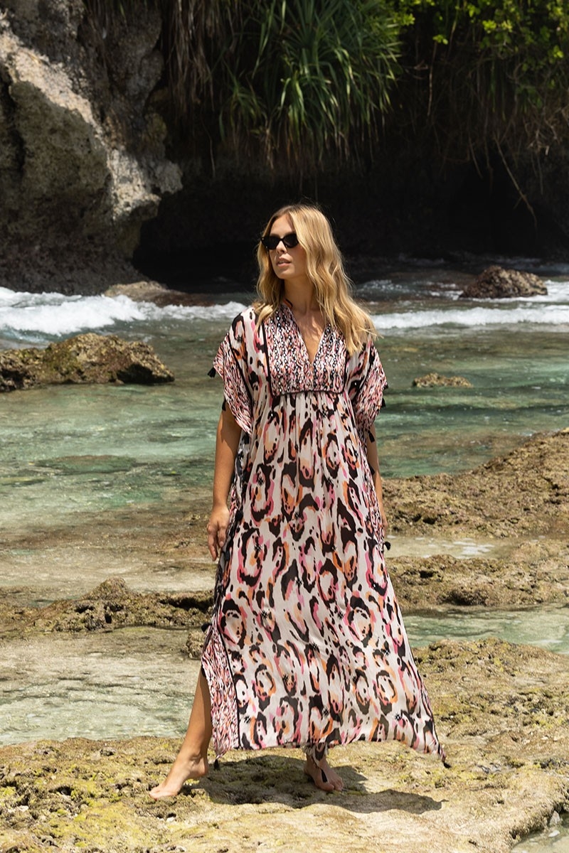 Long Caftan Roberta - multicolor - short sleeves - V-neck - boho style - Miss June Paris - 2