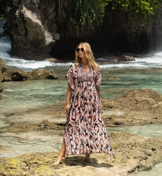 Long Caftan Roberta - multicolor - short sleeves - V-neck - boho style - Miss June Paris - 2