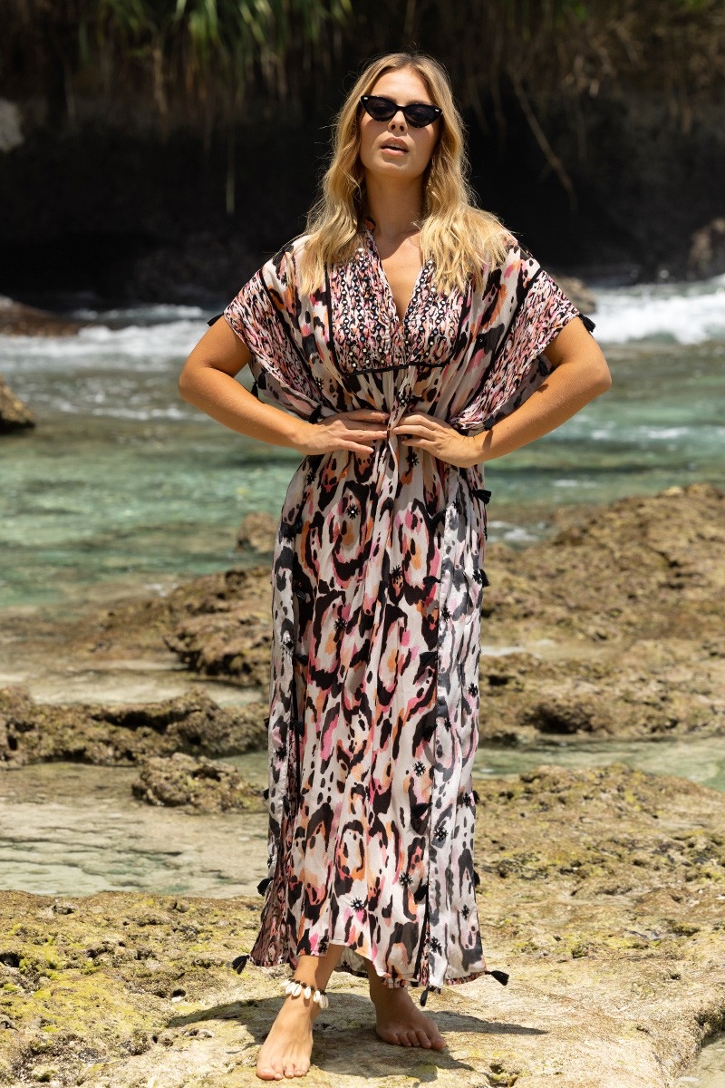 Kaftan Longo Roberta - multicolorido - mangas curtas - decote em V - estilo boho - Miss June Paris - 1