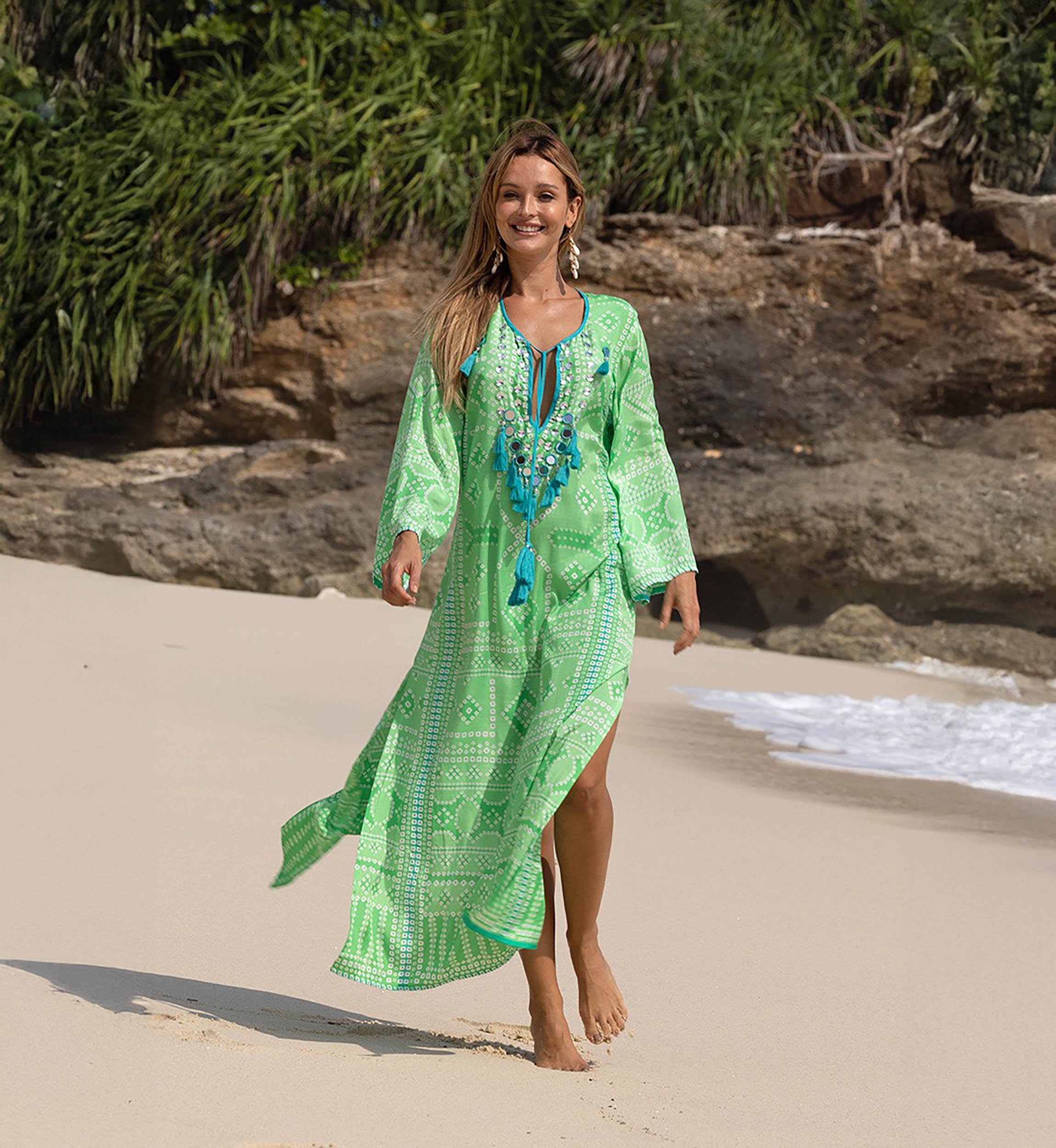 Vestido Longo Jorja - verde - peitilho decorado - mangas longas - boêmio - Miss June Paris - 1