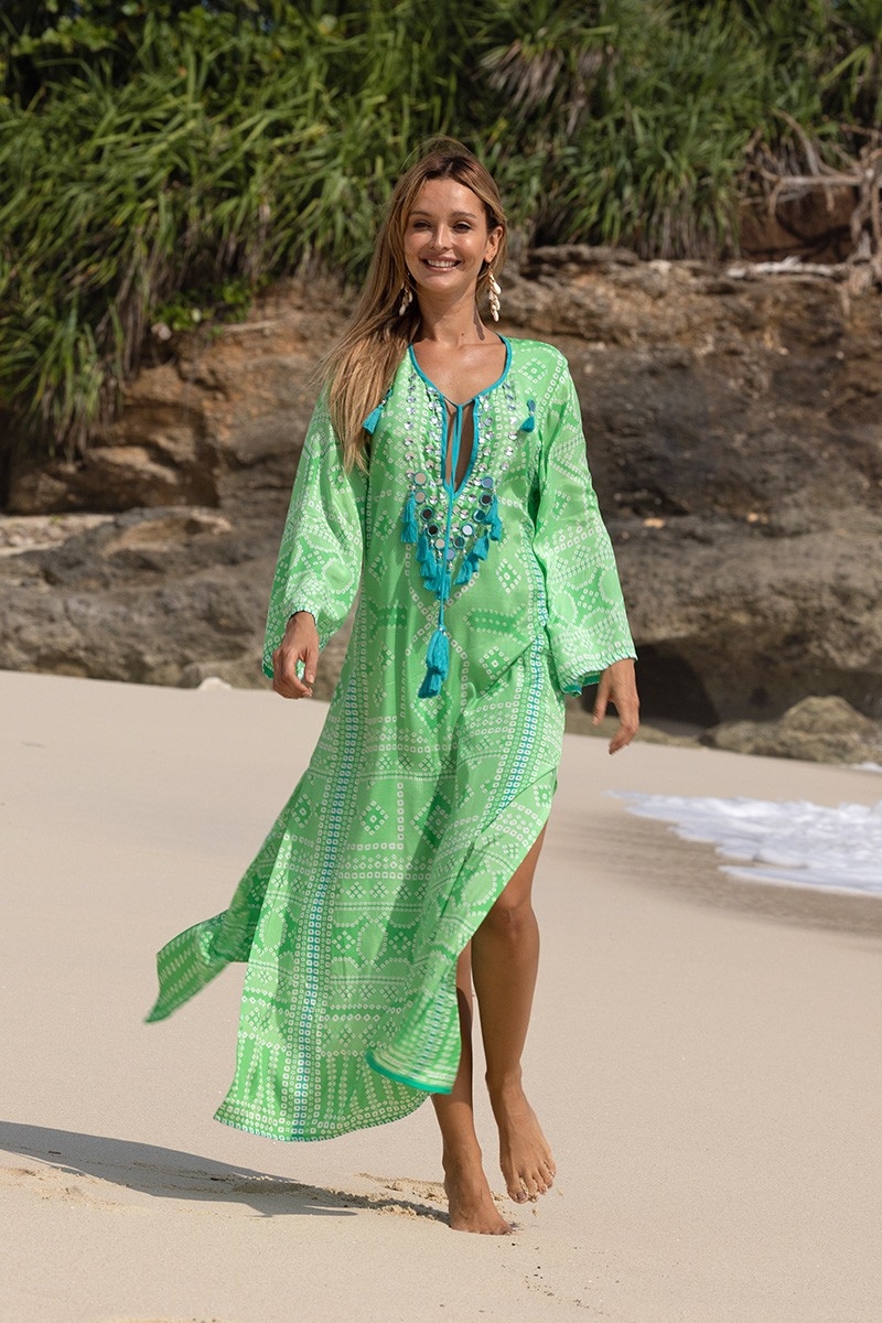 Long Dress Jorja - green - decorated plastron - long sleeves - bohemian - Miss June Paris - 1