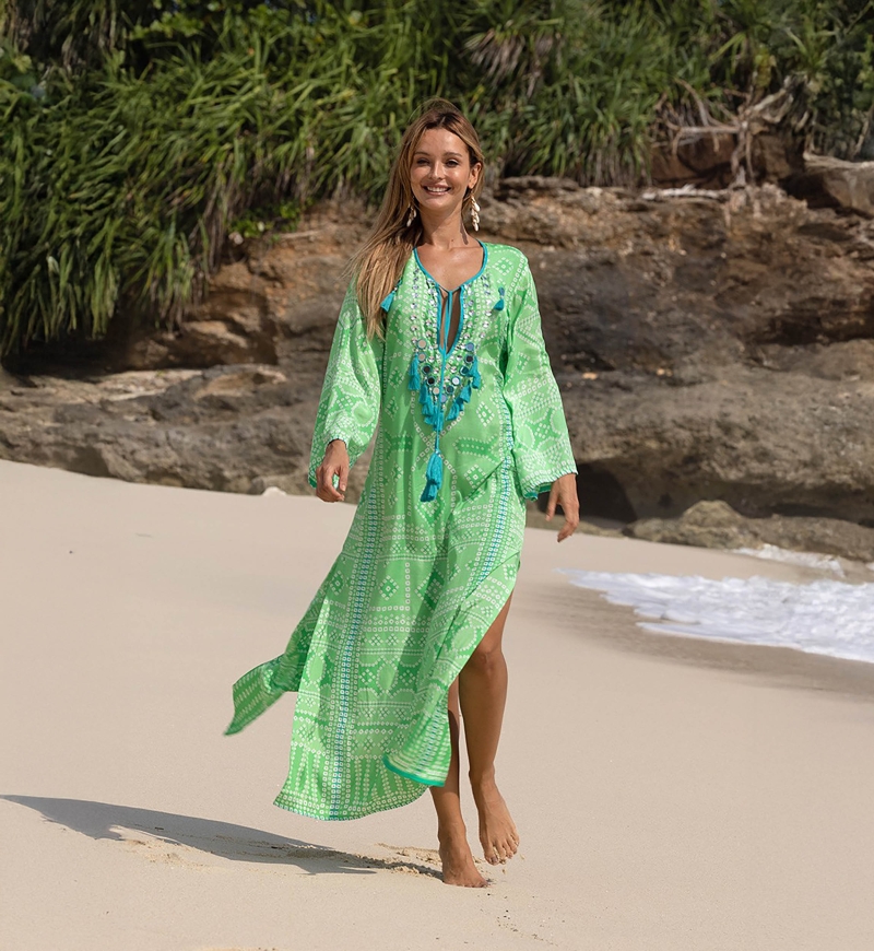 Vestido Largo Jorja - verde - pechera decorada - mangas largas - bohemio - Miss June Paris - 1