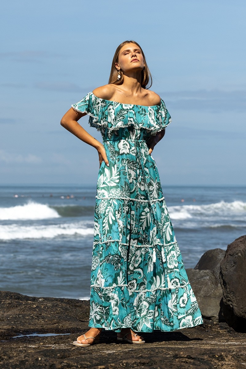 Vestido Largo Erica - verde/azul - estampado floral - estilo bohemio - hombros descubiertos - Miss June Paris - 1
