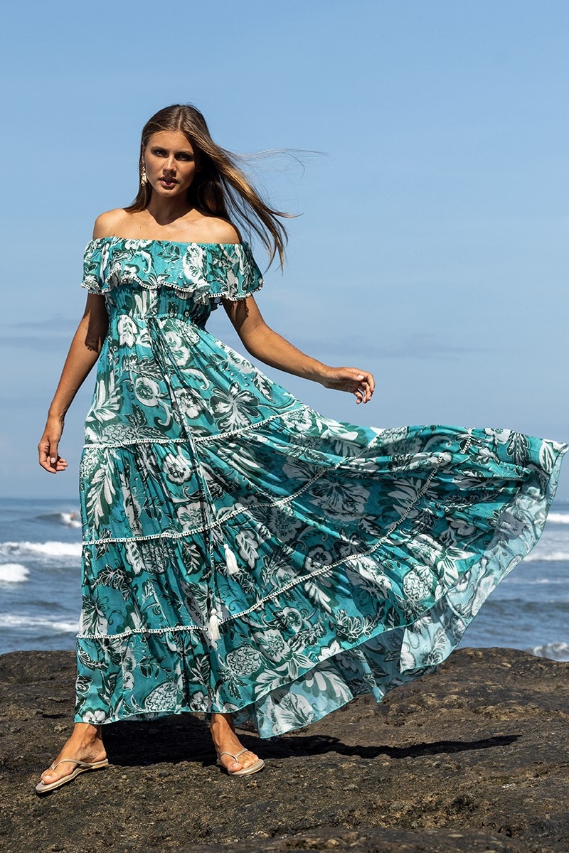 Vestido Largo Erica - verde/azul - estampado floral - estilo bohemio - hombros descubiertos - Miss June Paris - 3