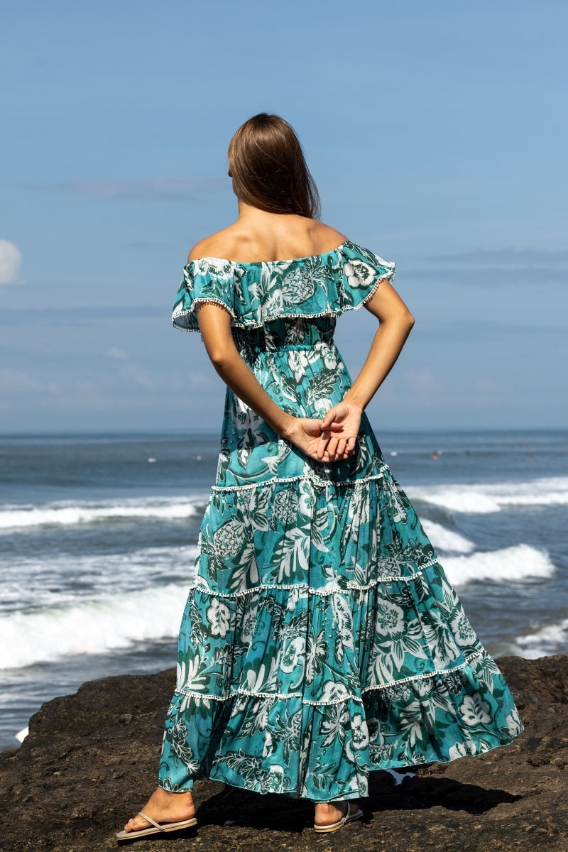 Vestido Largo Erica - verde/azul - estampado floral - estilo bohemio - hombros descubiertos - Miss June Paris - 4