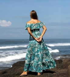 Vestido Longo Erica - verde/azul - estampa floral - estilo boêmio - ombros à mostra - Miss June Paris - 4