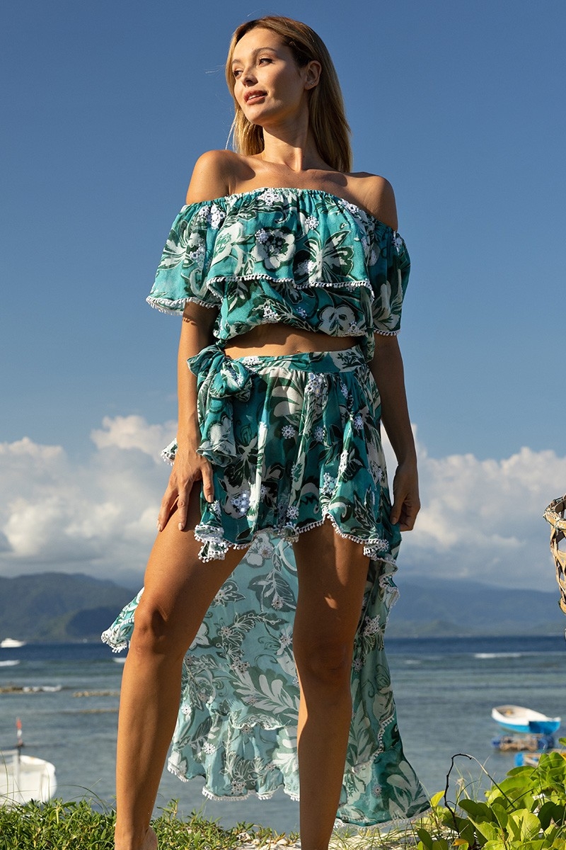 Falda Asimétrica Izzy – verde – estampado floral blanco – estilo bohemio – Miss June Paris – 4