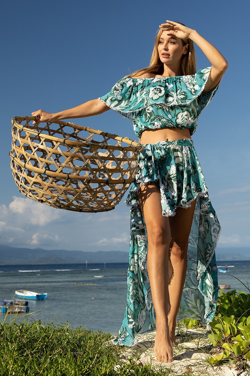 Asymmetric Skirt Izzy – green – white floral print – bohemian style – Miss June Paris – 1