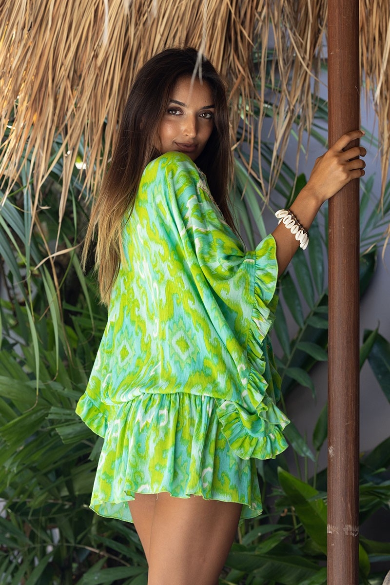 Mini Vestido Mavis - Verde - Mangas Longas - Peitoral Decorado - Detalhes Dourados - Boho - Miss June Paris - 4