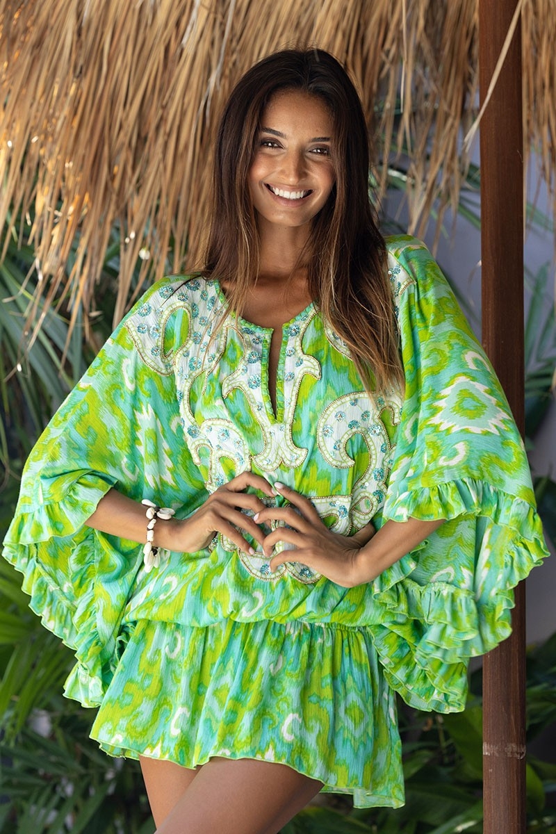 Mini Vestido Mavis - Verde - Mangas Longas - Peitoral Decorado - Detalhes Dourados - Boho - Miss June Paris - 2