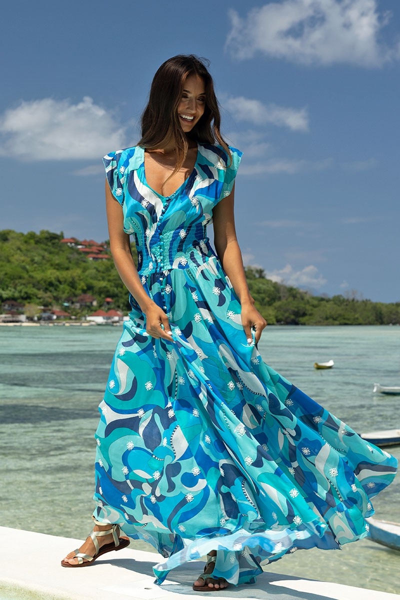 Long Dress Scarlett – blue/white – bohemian print – V-neck – smocked belt – Miss June Paris – 2