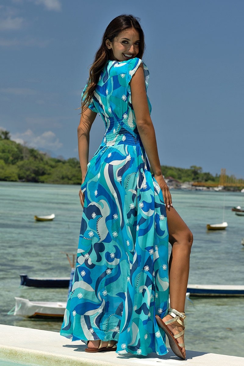 Vestido Longo Scarlett – azul/branco – estampa boêmia – decote em V – cinto franzido – Miss June Paris – 4