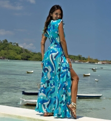 Vestido Longo Scarlett – azul/branco – estampa boêmia – decote em V – cinto franzido – Miss June Paris – 4