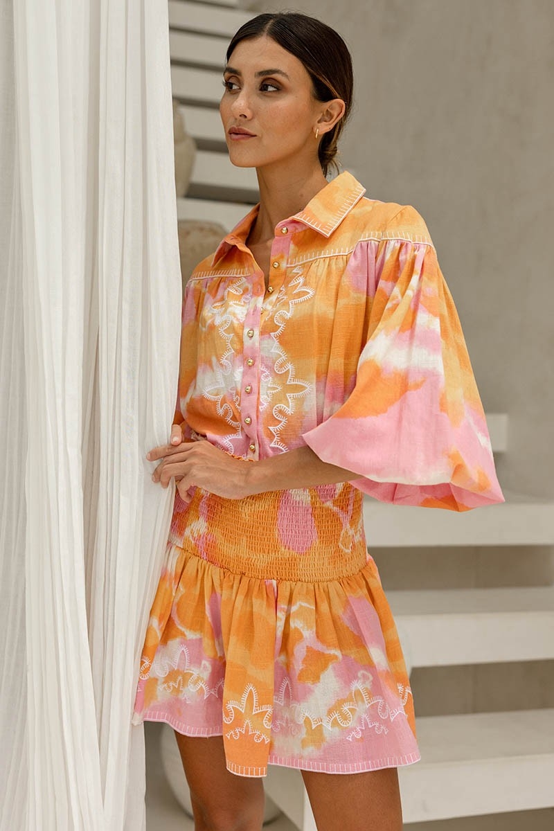 Shirt Hayley – pink/orange – puff long sleeves – tie & dye pattern – bohemian – Miss June Paris – 3