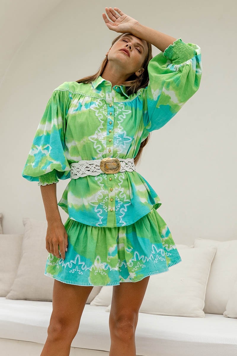 Skirt Lelya – green/aqua – embroidered details – smocked style – tie & dye pattern – bohemian – Miss June Paris – 4