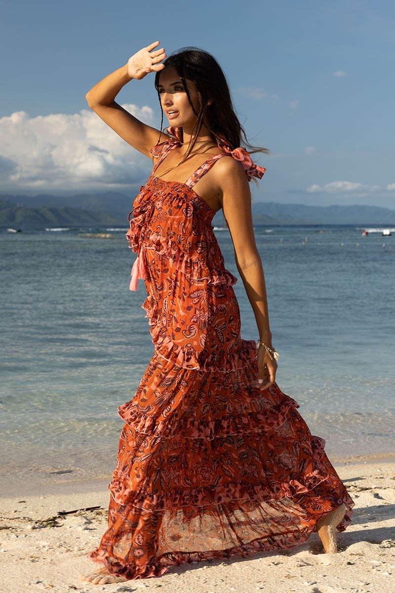 Vestido Largo Vanessa - Naranja - Motivo Floral - Tirantes Ajustables - Pequeños Volantes - Boho Chic - Miss June Paris - 2