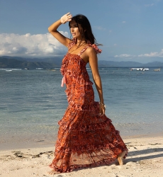 Vestido Longo Vanessa - Laranja - Padrão Floral - Alças Ajustáveis - Pequenos Babados - Boho Chic - Miss June Paris - 2