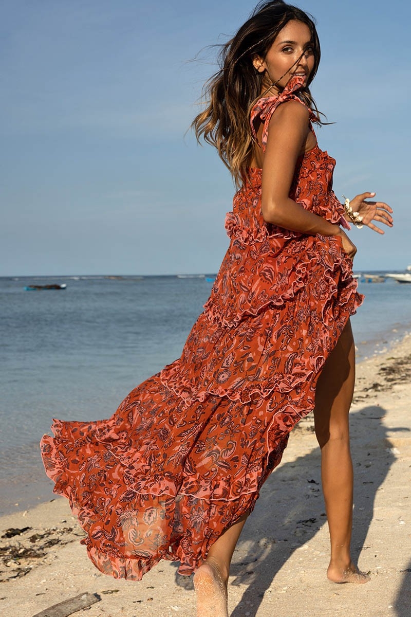 Vanessa Long Dress - Orange - Floral Pattern - Adjustable Straps - Small Ruffles - Boho Chic - Miss June Paris - 3