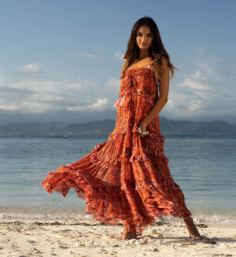 Vestido Longo Vanessa - Laranja - Padrão Floral - Alças Ajustáveis - Pequenos Babados - Boho Chic - Miss June Paris - 1