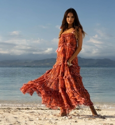 Vanessa Long Dress - Orange - Floral Pattern - Adjustable Straps - Small Ruffles - Boho Chic - Miss June Paris - 1