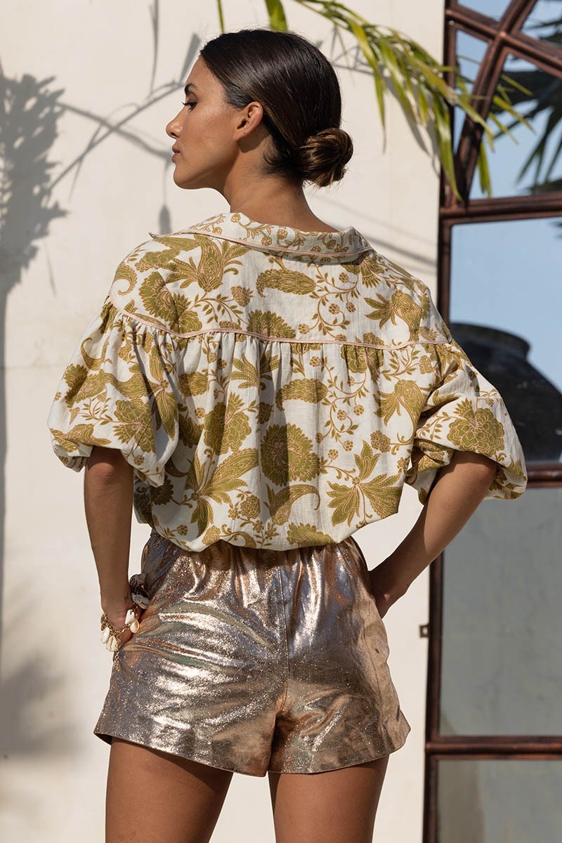Blouse Demi - ecru - khaki paisley print - V-neckline - tied under the bust - short sleeves - Miss June Paris - 4