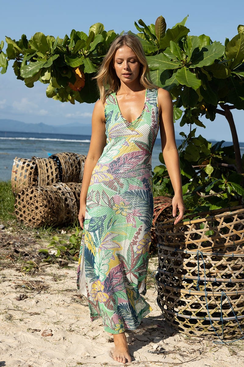 Vestido Longo Angeles - multicolorido - algodão crochê - decote em V - boêmio - Miss June Paris - 2