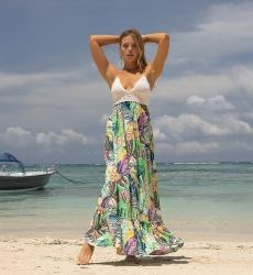 Long Dress Mencia - multicolored - crochet top - thin straps - V-neckline - bohemian - Miss June Paris - 2