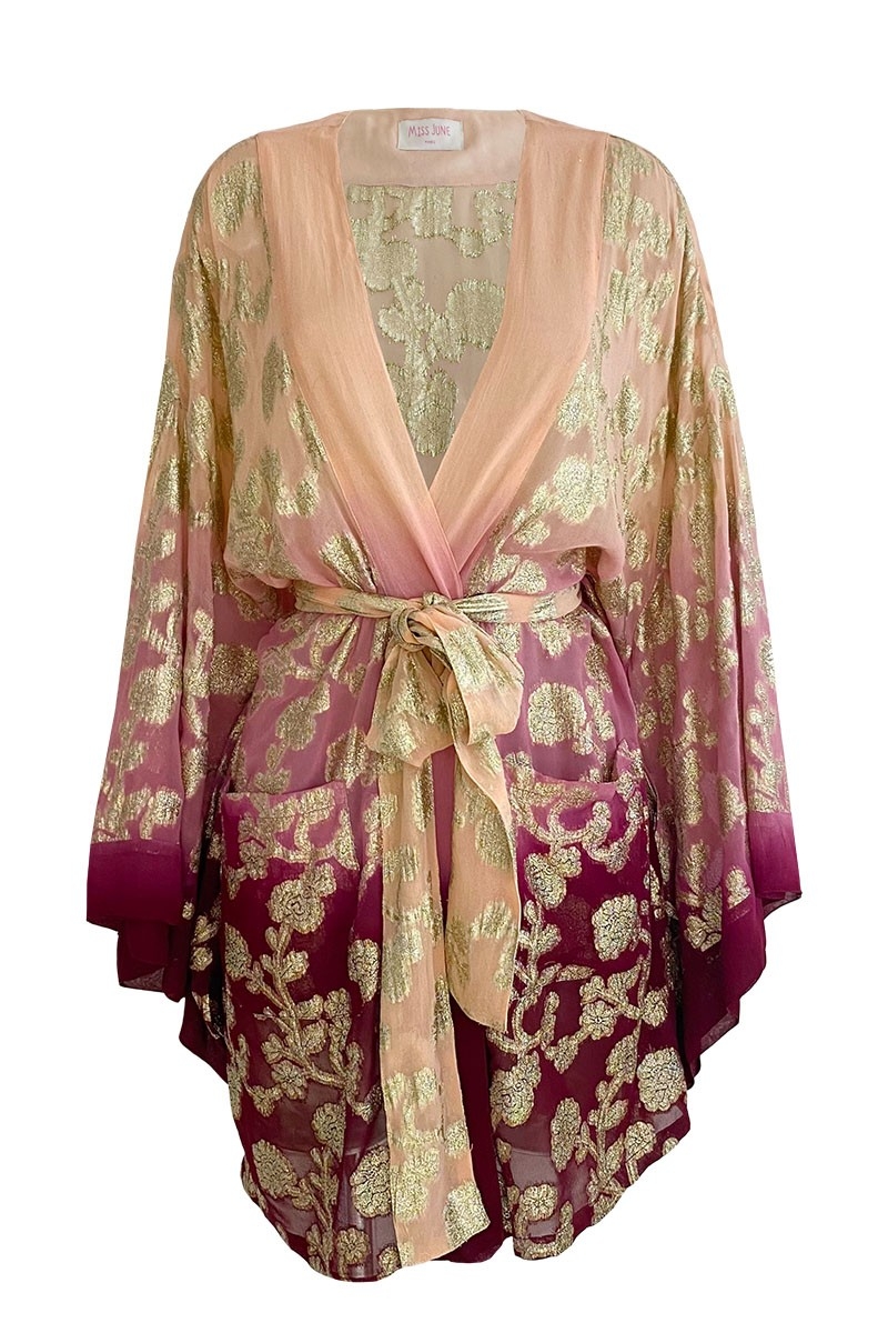 Kimono Corto Leny – melocotón/burdeos – detalles dorados – lurex – bohemio – Miss June Paris – 5