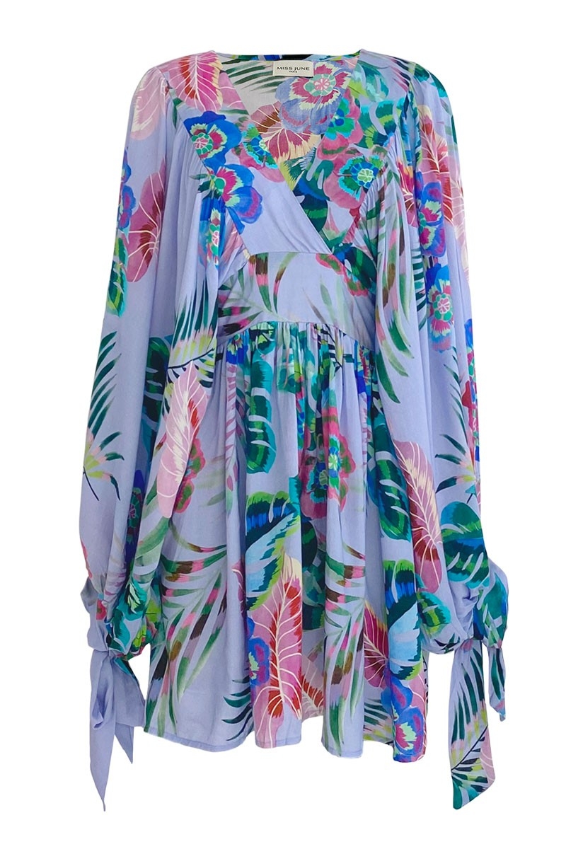 Vestido Corto Falone – violeta pastel – estampado floral – mangas largas – escote en V – Miss June Paris – 5