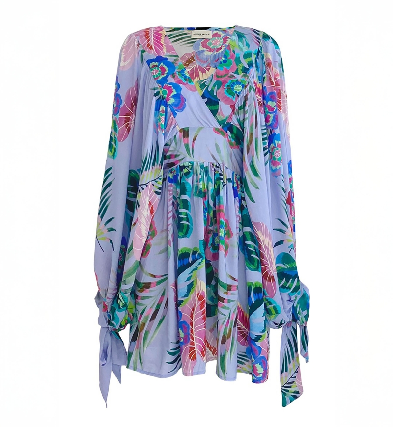 Vestido Curto Falone – lilás pastel – estampa floral – mangas compridas – decote em V – Miss June Paris – 5