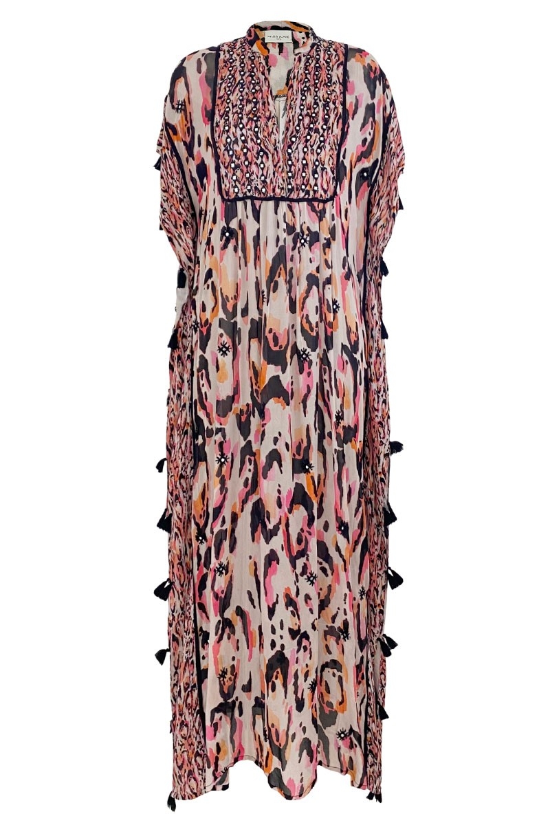 Kaftan Longo Roberta - multicolorido - mangas curtas - decote em V - estilo boho - Miss June Paris - 3