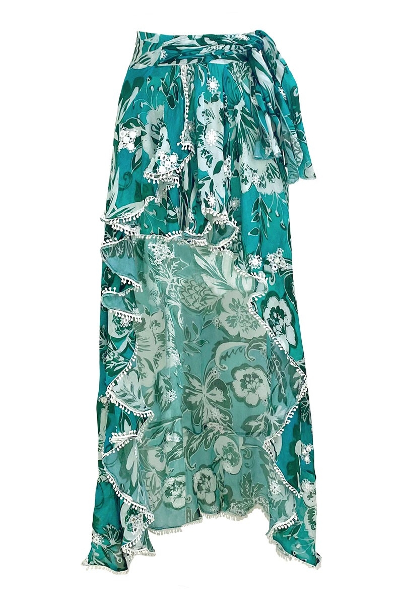 Saia Assimétrica Izzy – verde – estampa floral branca – estilo boêmio – Miss June Paris – 5